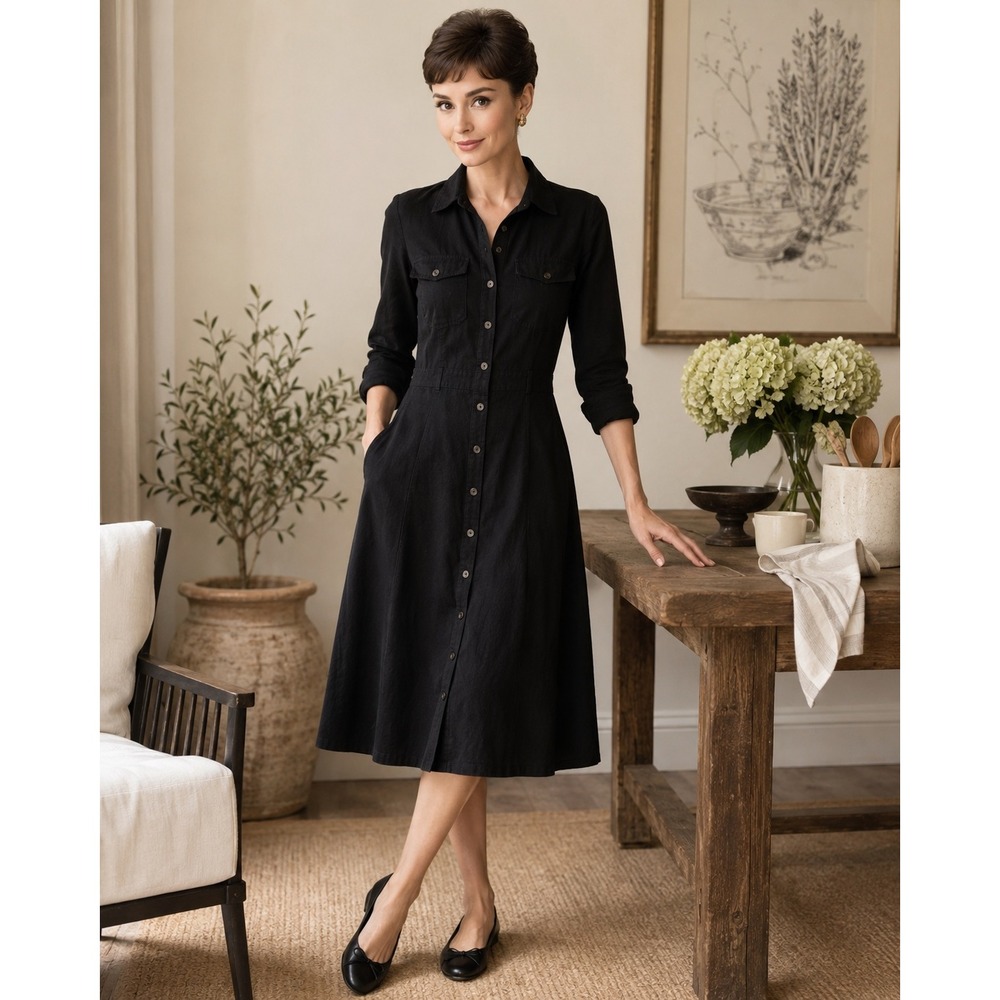 Lizsport Vintage Black Cotton Shirt Dress Long Sleeve Utility Button Up 12